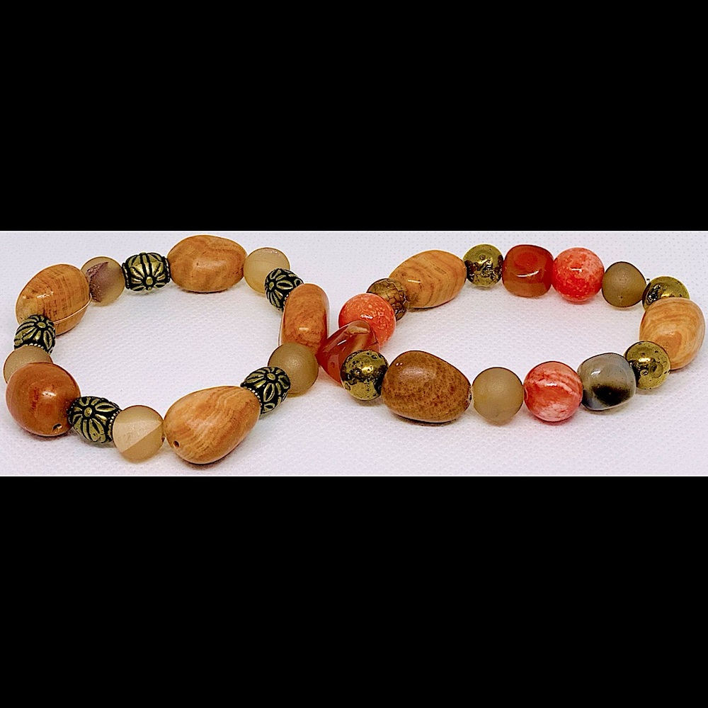 Woman’s Genuine Orange & Natural Stone & Gold Bead Earthy Bracelet